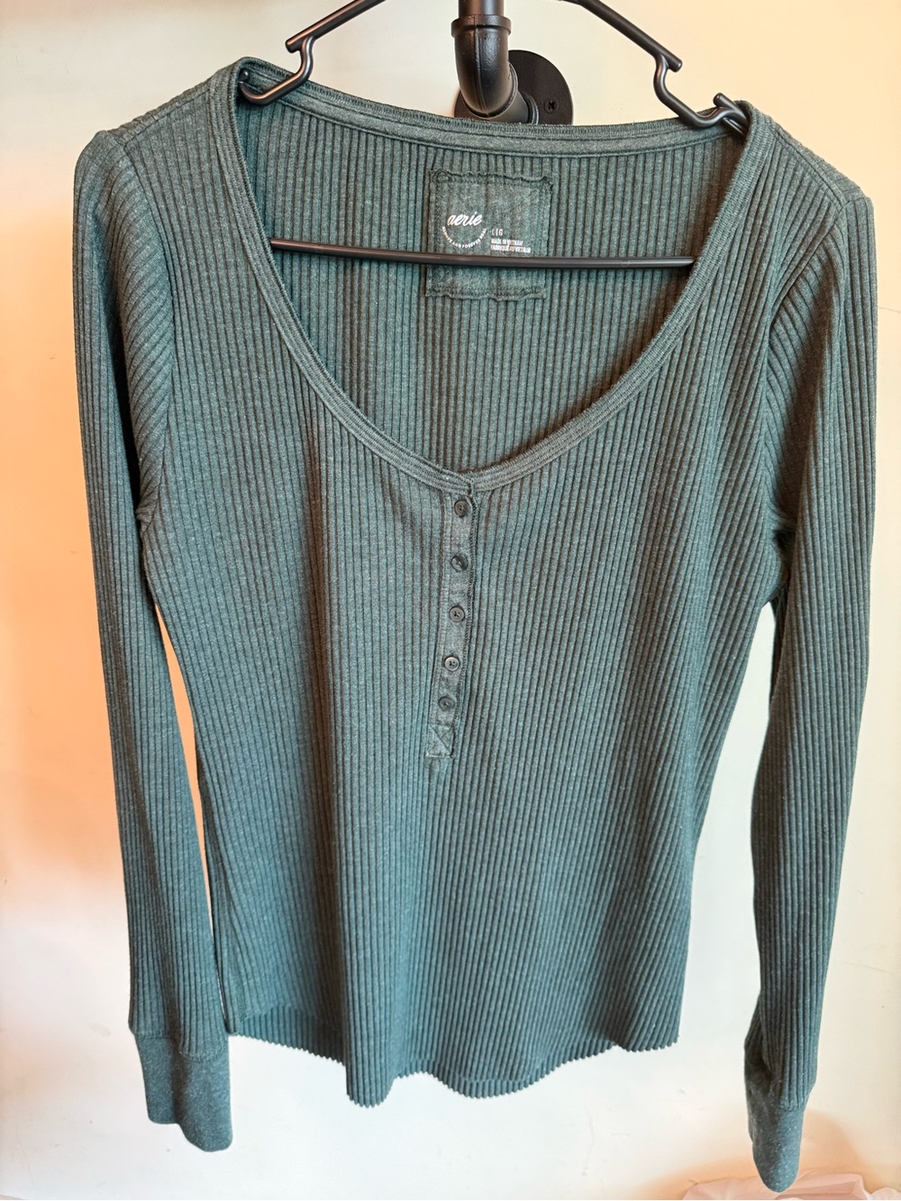 aerie Ribbed Long-Sleeve Henley Top - Teal